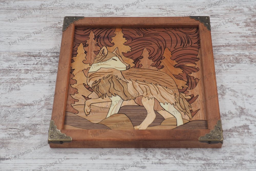 Lone Wanderer: Wolf in the Forest Wood Inlay Wall Art